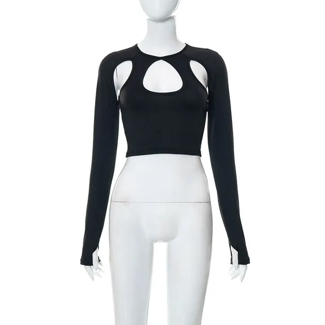 Joskaa 2024 Gothic Y2K Women's T-Shirts Long Sleeve Short Tops See-Through Hollow Out Slim-Fit Short Blouse Solid Color Navel Pullover