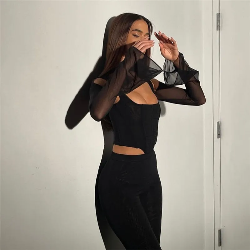 Joskaa 2024 Gothic Y2K Women's T-Shirts Long Sleeve Short Tops See-Through Hollow Out Slim-Fit Short Blouse Solid Color Navel Pullover