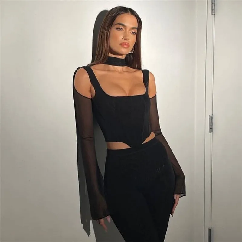 Joskaa 2024 Gothic Y2K Women's T-Shirts Long Sleeve Short Tops See-Through Hollow Out Slim-Fit Short Blouse Solid Color Navel Pullover
