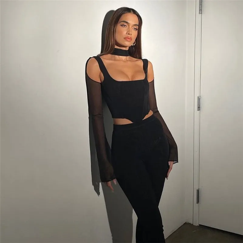 Joskaa 2024 Gothic Y2K Women's T-Shirts Long Sleeve Short Tops See-Through Hollow Out Slim-Fit Short Blouse Solid Color Navel Pullover