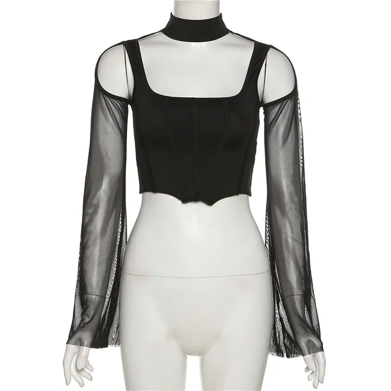 Joskaa 2024 Gothic Y2K Women's T-Shirts Long Sleeve Short Tops See-Through Hollow Out Slim-Fit Short Blouse Solid Color Navel Pullover