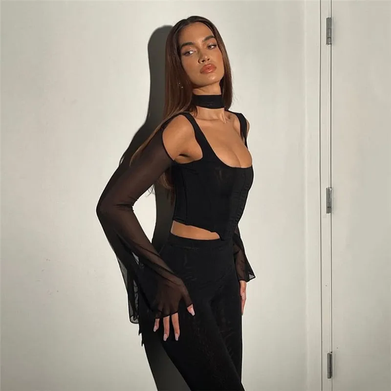 Joskaa 2024 Gothic Y2K Women's T-Shirts Long Sleeve Short Tops See-Through Hollow Out Slim-Fit Short Blouse Solid Color Navel Pullover