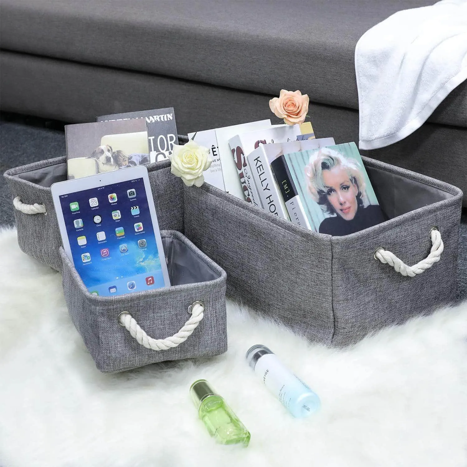 KEDSUM Fabric Storage Bins Baskets, Foldable Linen Storage Boxes with Handles, Closet Organizers Bins Cube Storage Baskets Bins for Shelves, Clothes, Closet, Nursery (Gray 3 Pack)