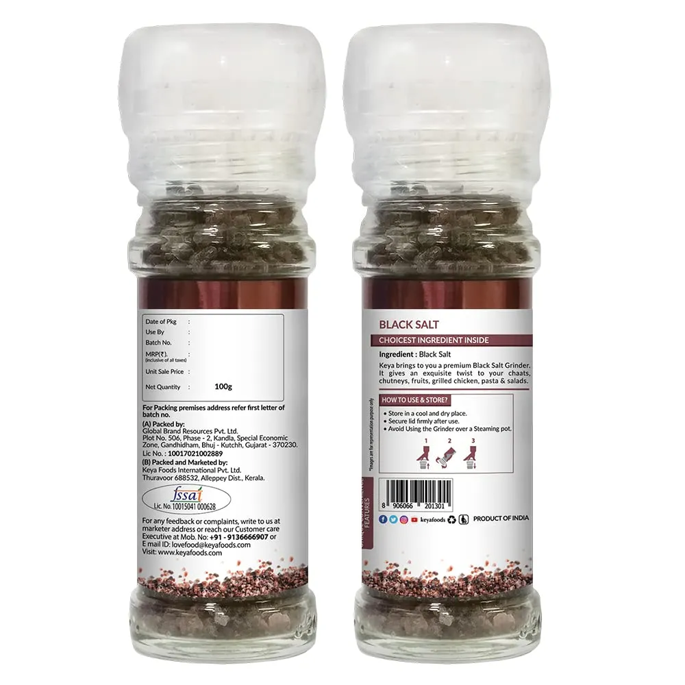 Keya Black Salt Grinder 100g | Perfect for Enhancing the Flavor of Chaats, Chutneys, Salads, Fruits, Grilled Chicken & More | Seasoning for Everyday Cooking & Garnishing