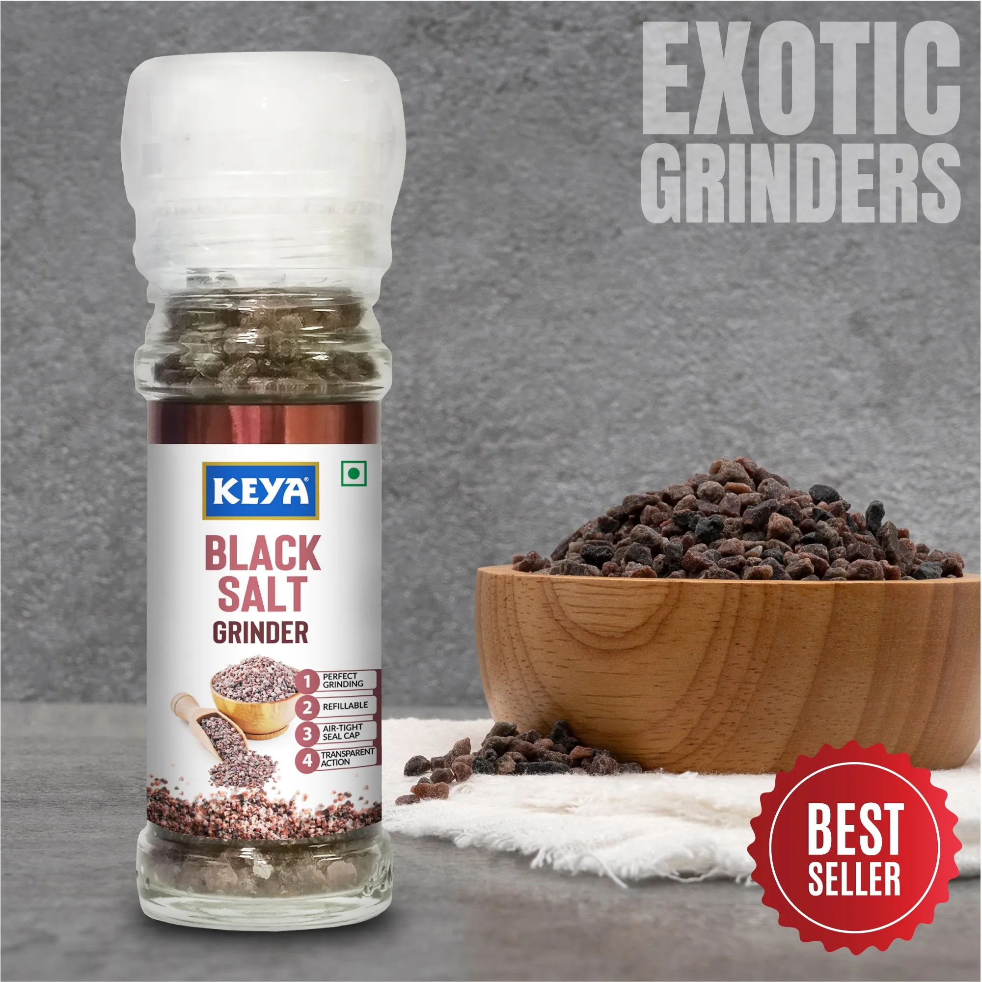 Keya Black Salt Grinder 100g | Perfect for Enhancing the Flavor of Chaats, Chutneys, Salads, Fruits, Grilled Chicken & More | Seasoning for Everyday Cooking & Garnishing