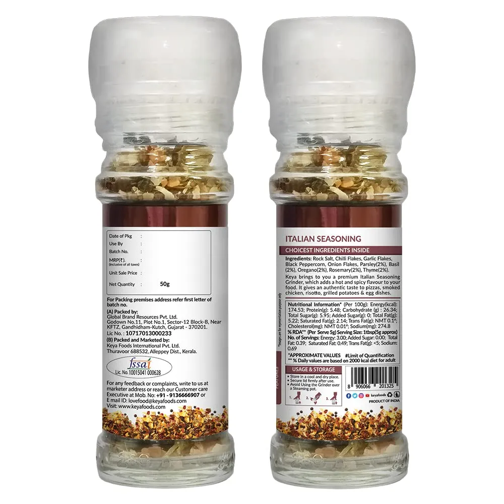 Keya Italian Seasoning Grinder 50g | Perfect for Pizzas, Smoked Chicken, Risotto, Egg Dishes & More | Twist-Top Grinder for Authentic Italian Flavor in Every Meal