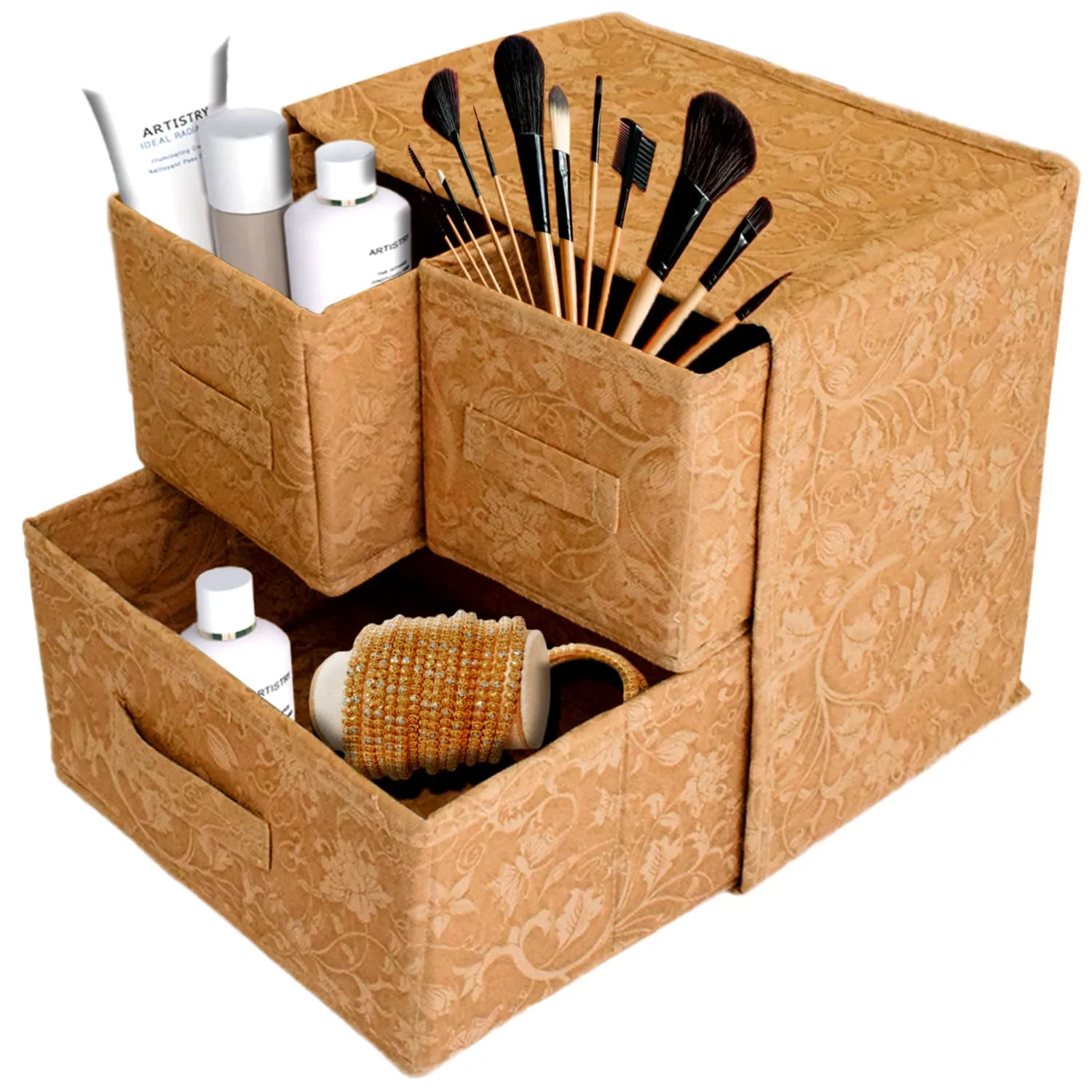 Kuber Industries Metallic Flower Printed 3 Drawers Foldable Non-Woven Dressing/Jewllery/Makeup Organizer Box (Brown)-HS43KUBMART26844