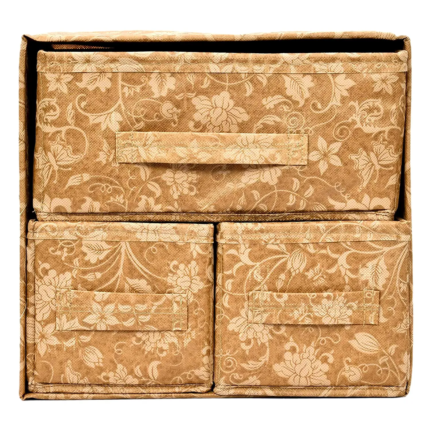 Kuber Industries Metallic Flower Printed 3 Drawers Foldable Non-Woven Dressing/Jewllery/Makeup Organizer Box (Brown)-HS43KUBMART26844