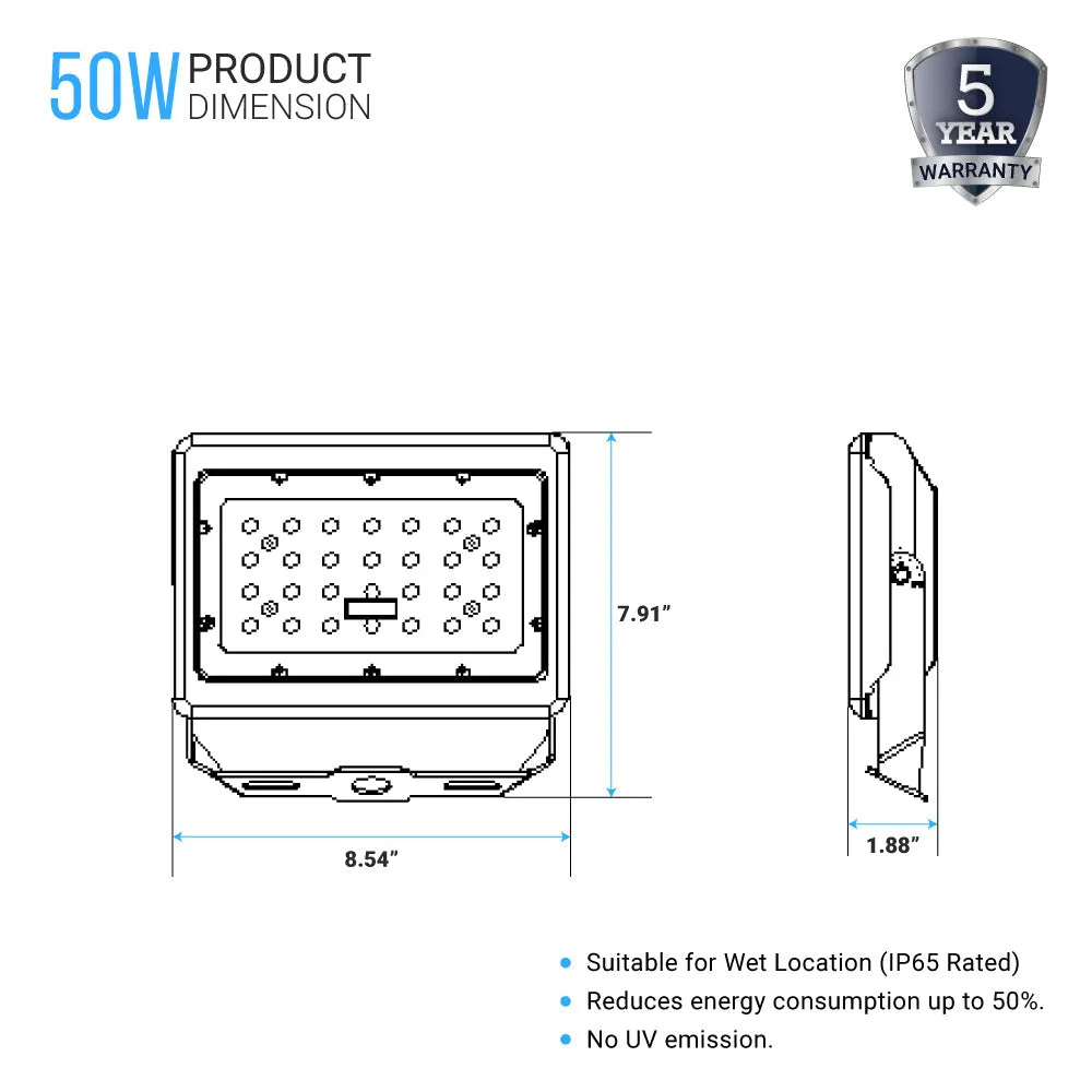 LED Flood Light 50W - 250W Equivalent Bronze Finish - U-Bracket Mount - 6250 Lumens - 5700K DLC Approved