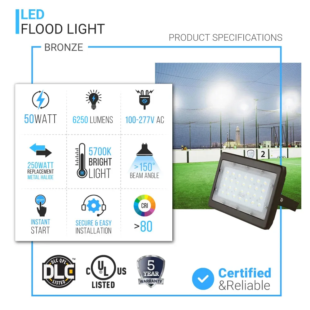 LED Flood Light 50W - 250W Equivalent Bronze Finish - U-Bracket Mount - 6250 Lumens - 5700K DLC Approved