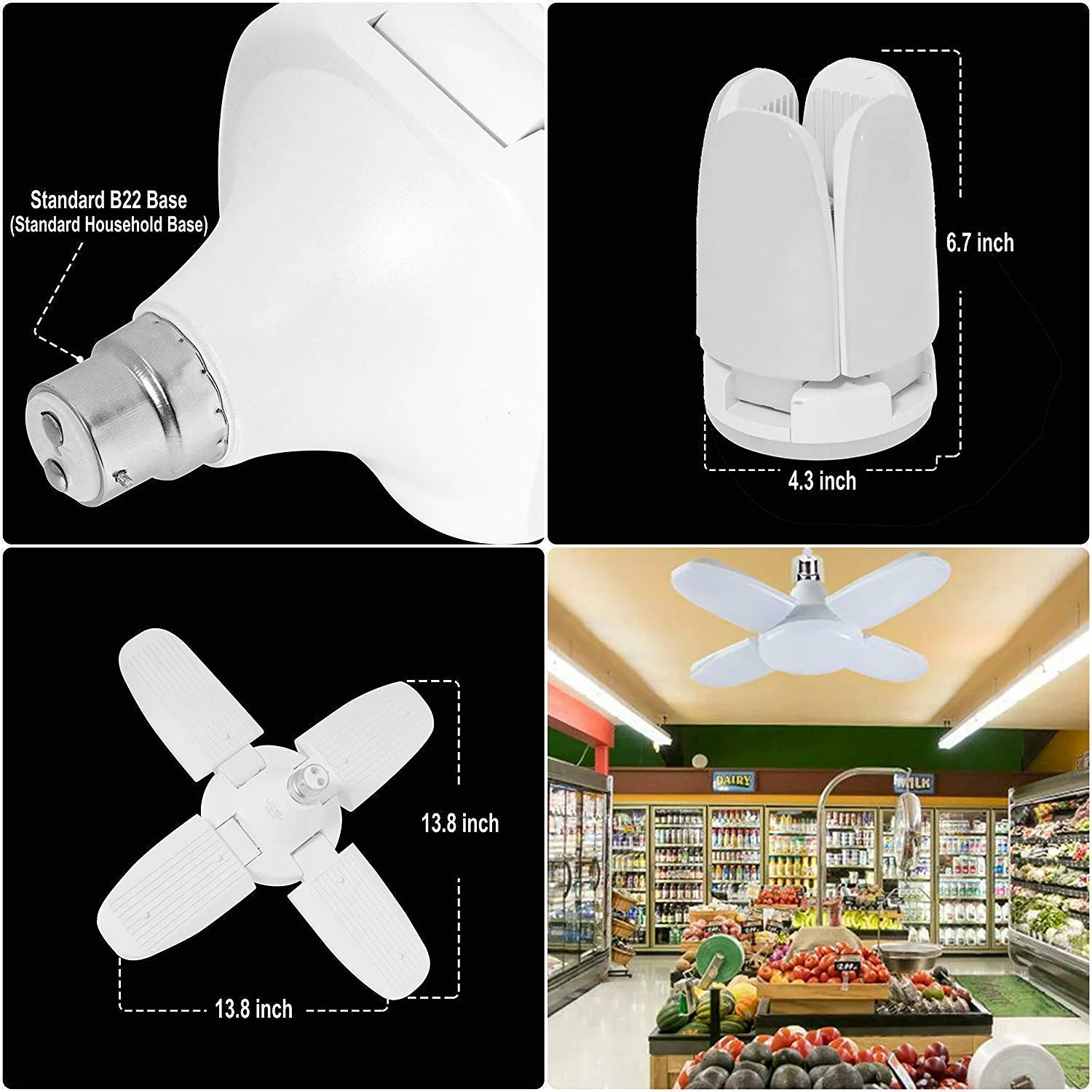 LED Light Bulb Fan Shape B22 Foldable Light, Super Bright Angle Adjustable Home Ceiling Lights, AC95-265V, Cool White Light (4 1fan) (28 watt)