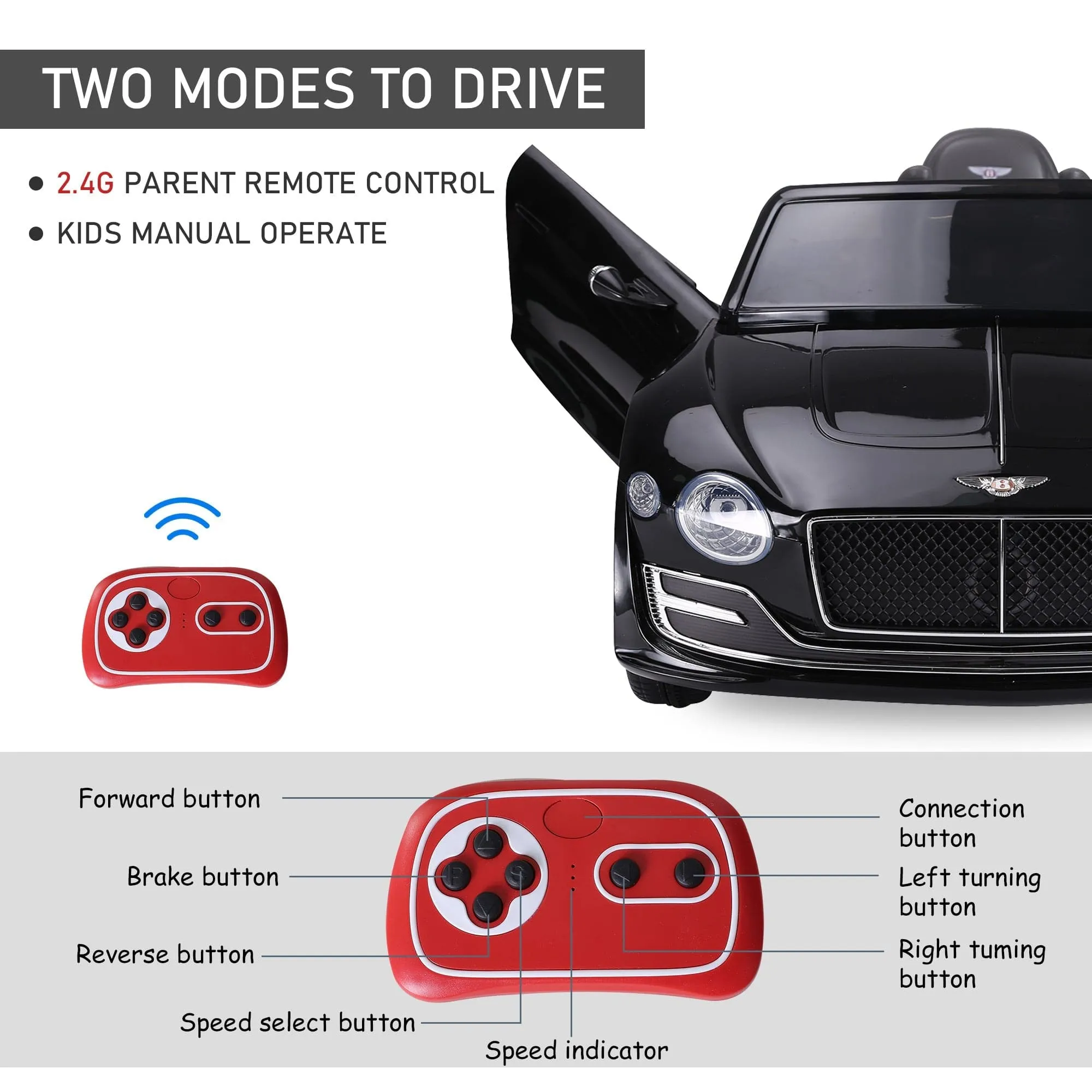 Maplin Plus Bentley GT 12V Electric Kids Ride On Toy Car with LEDs, Music & Remote Control for 3-8 Years - Black