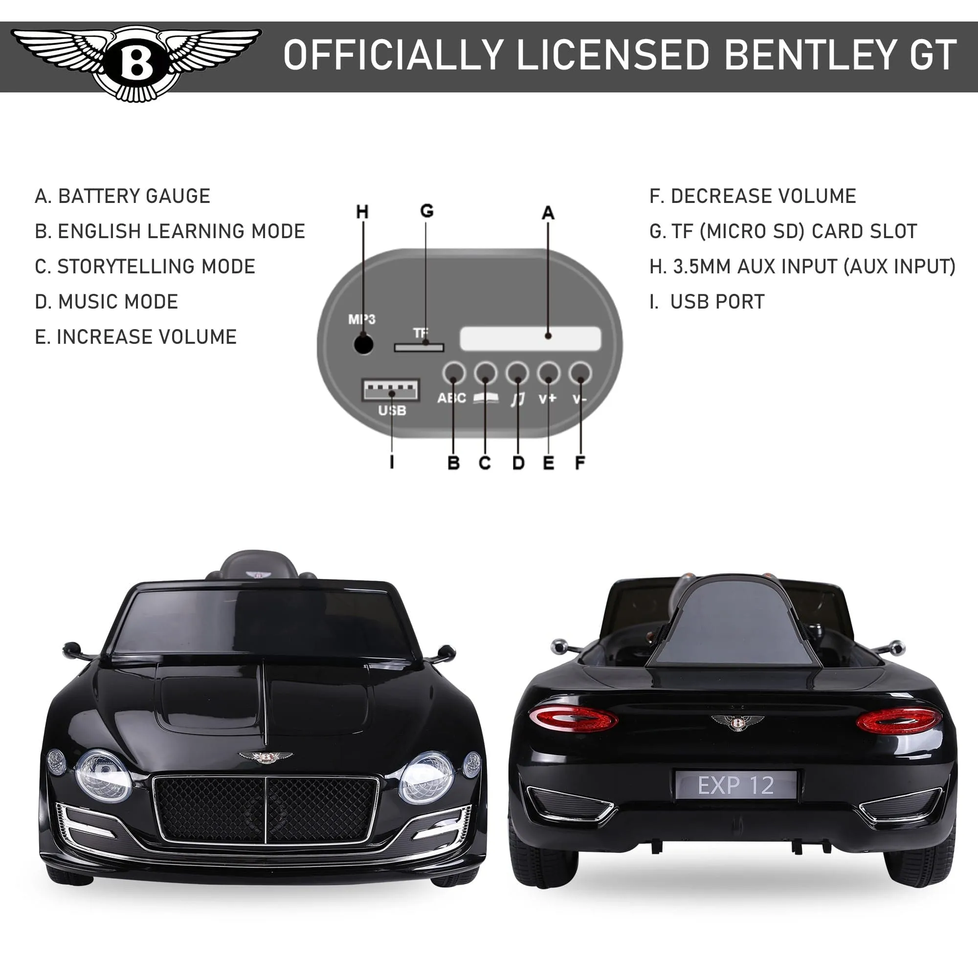 Maplin Plus Bentley GT 12V Electric Kids Ride On Toy Car with LEDs, Music & Remote Control for 3-8 Years - Black