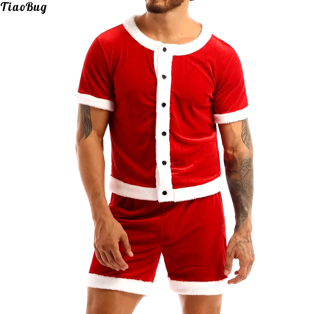 Men Soft Velvet Christmas Party Costume Fancy Dress Outfit White Trim round Neck Short Sleeve Button down Top and Shorts