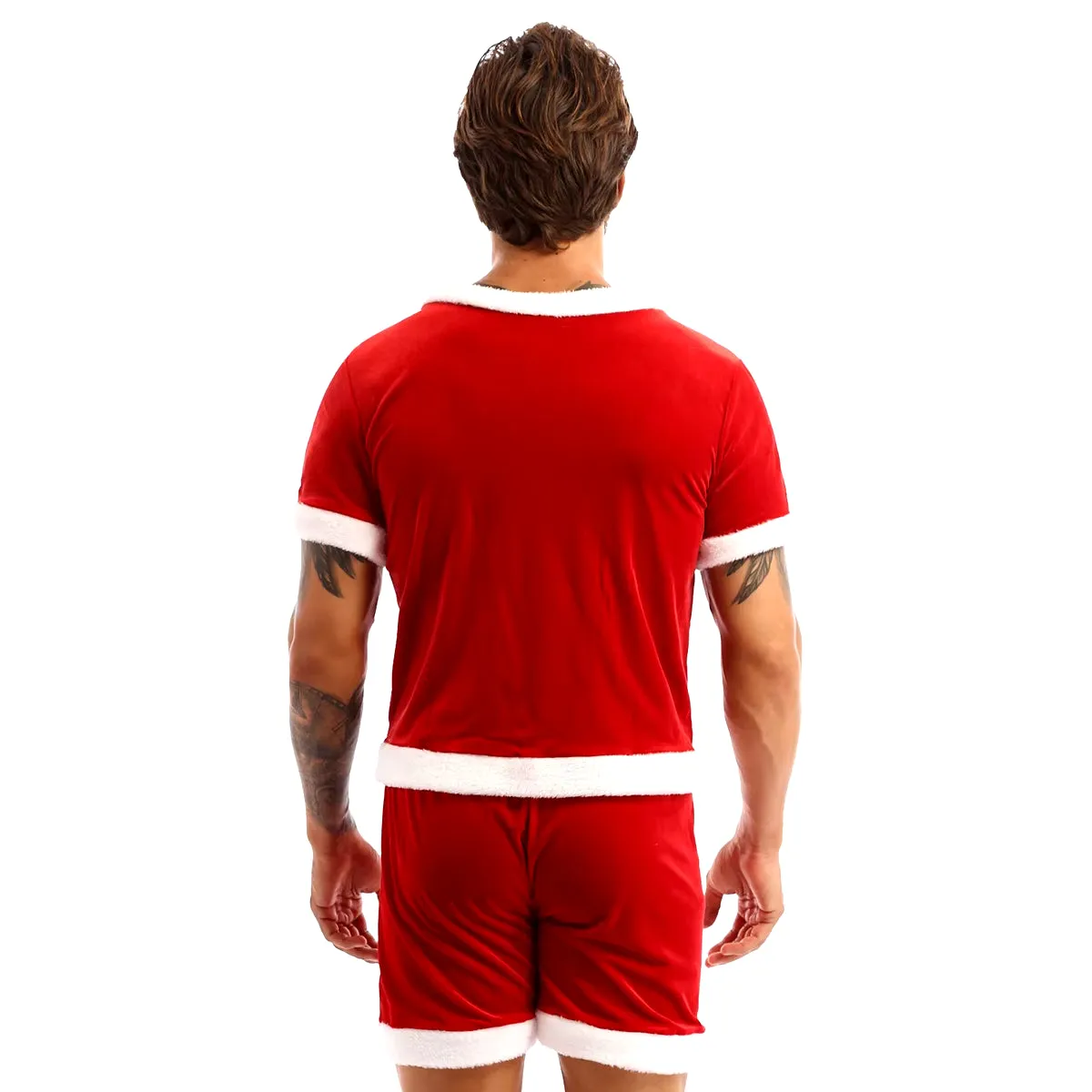 Men Soft Velvet Christmas Party Costume Fancy Dress Outfit White Trim round Neck Short Sleeve Button down Top and Shorts