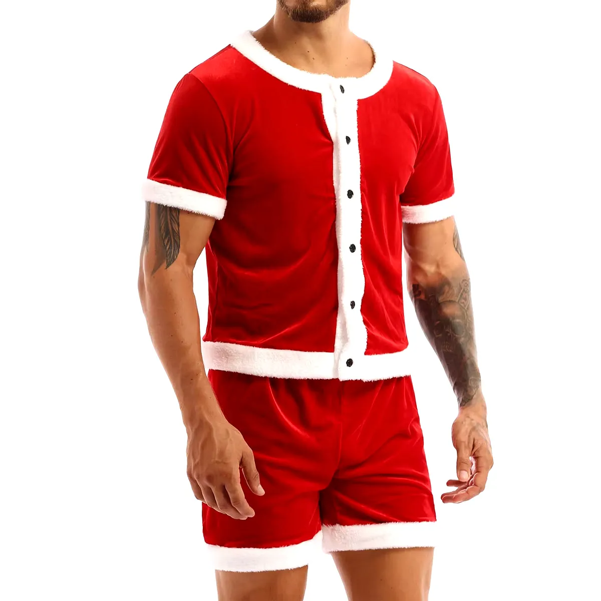 Men Soft Velvet Christmas Party Costume Fancy Dress Outfit White Trim round Neck Short Sleeve Button down Top and Shorts