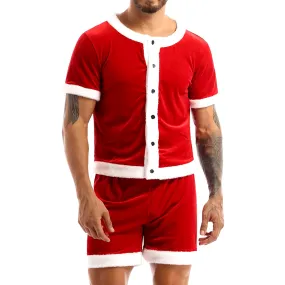 Men Soft Velvet Christmas Party Costume Fancy Dress Outfit White Trim round Neck Short Sleeve Button down Top and Shorts