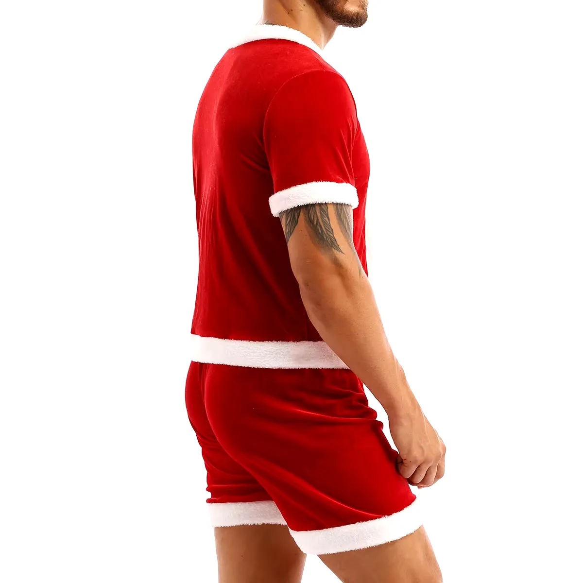 Men Soft Velvet Christmas Party Costume Fancy Dress Outfit White Trim round Neck Short Sleeve Button down Top and Shorts