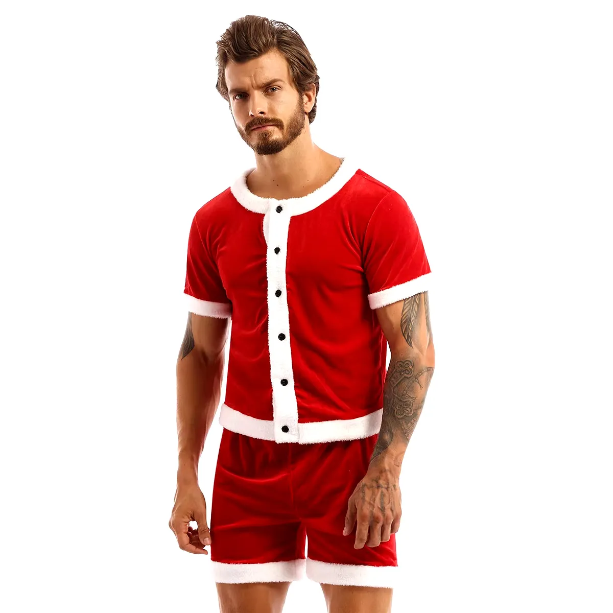 Men Soft Velvet Christmas Party Costume Fancy Dress Outfit White Trim round Neck Short Sleeve Button down Top and Shorts