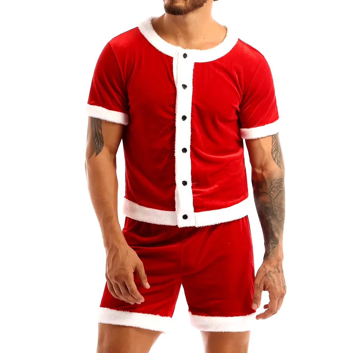 Men Soft Velvet Christmas Party Costume Fancy Dress Outfit White Trim round Neck Short Sleeve Button down Top and Shorts