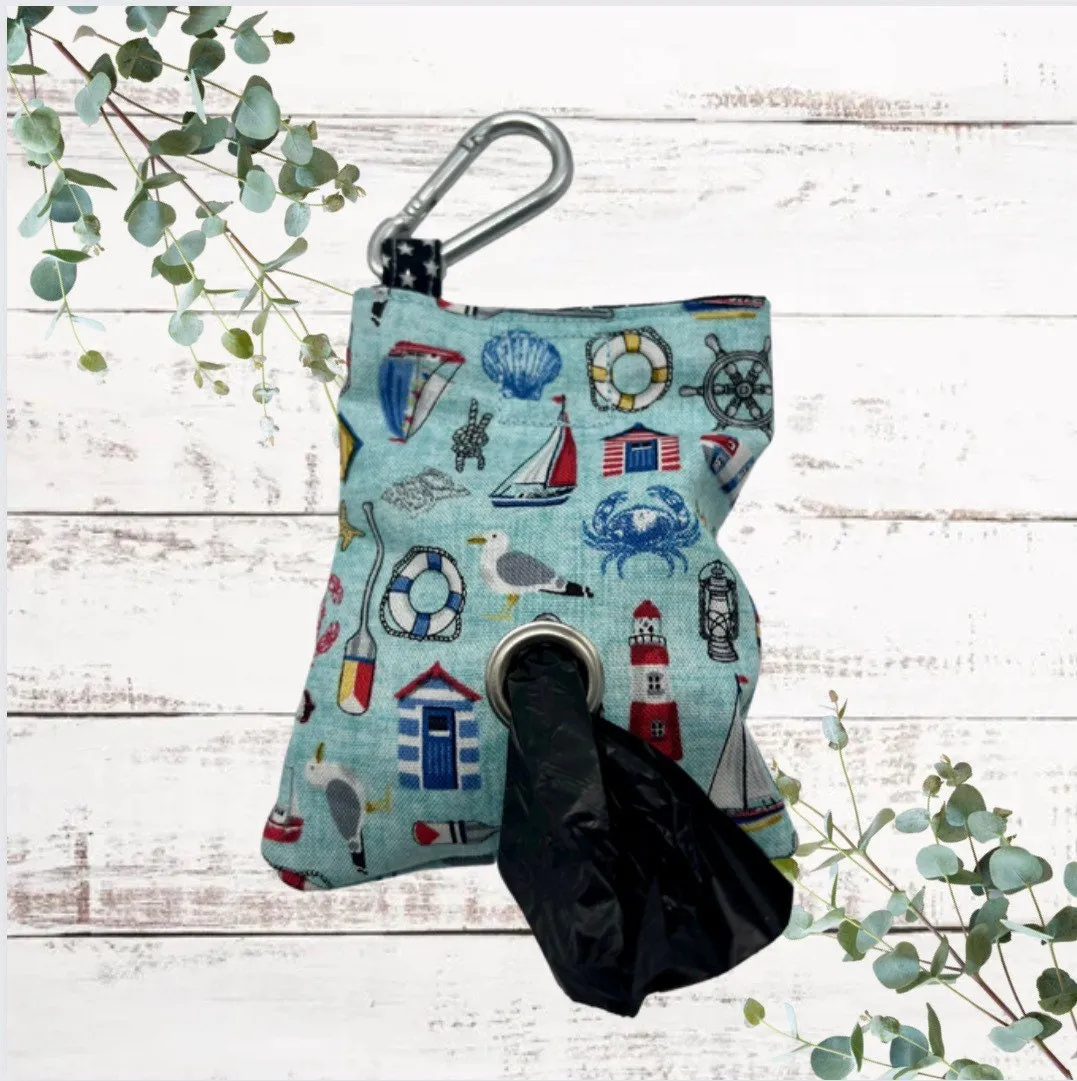 Pale blue nautical icons handmade dog poo bag dispenser