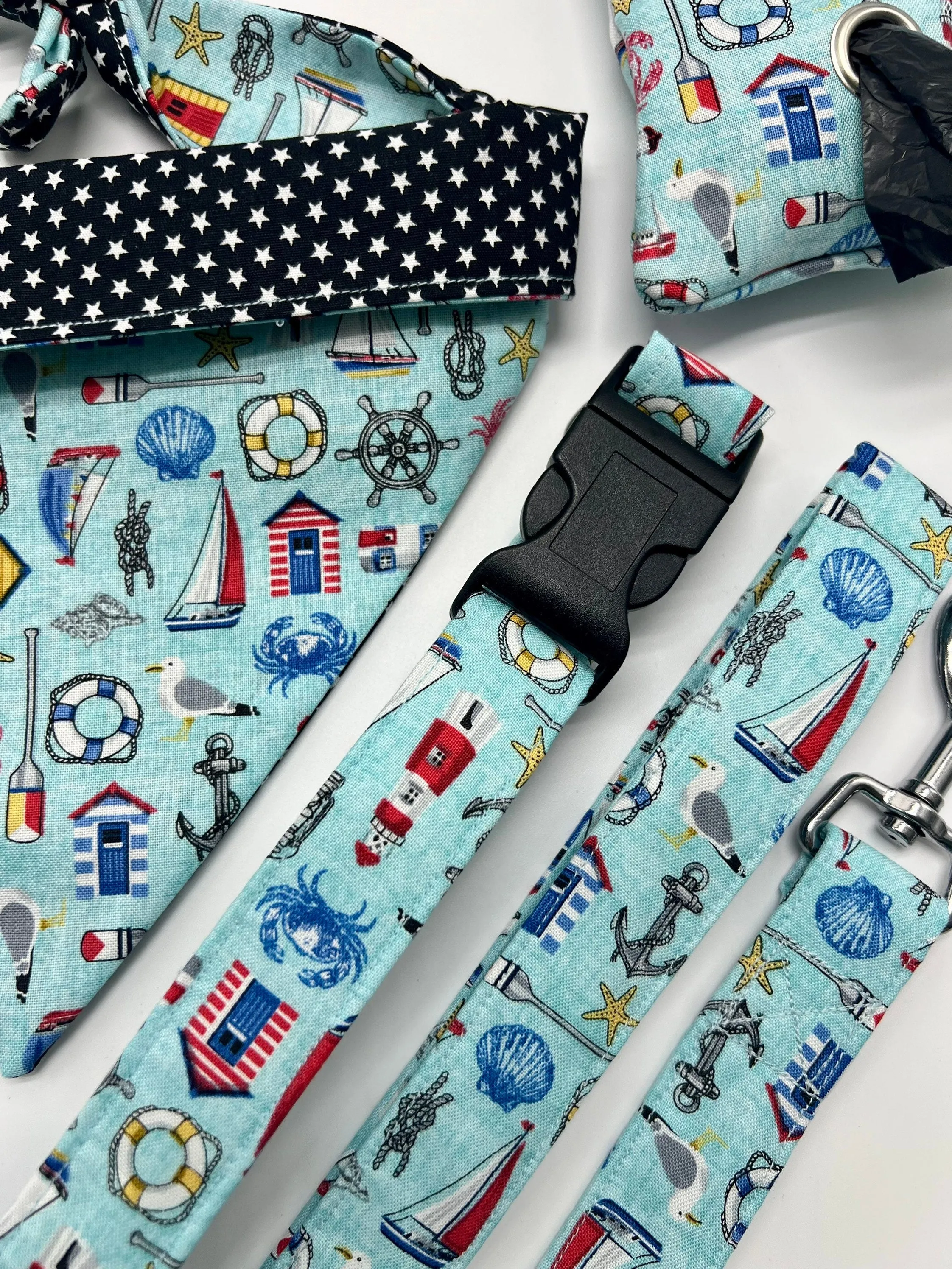 Pale blue nautical icons handmade dog poo bag dispenser