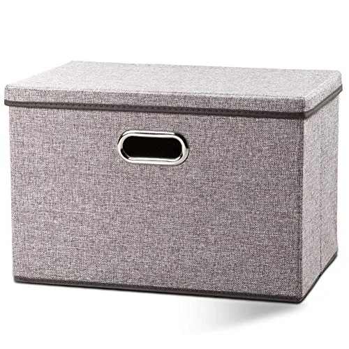 Prandom Large Foldable Storage Bin with Lid [1-Pack] Linen Fabric Decorative Storage Box Organizer Containers Basket Cube with Handles Divider for Bedroom Closet Office Living Room (17.7x11.8x11.8)