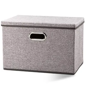 Prandom Large Foldable Storage Bin with Lid [1-Pack] Linen Fabric Decorative Storage Box Organizer Containers Basket Cube with Handles Divider for Bedroom Closet Office Living Room (17.7x11.8x11.8)