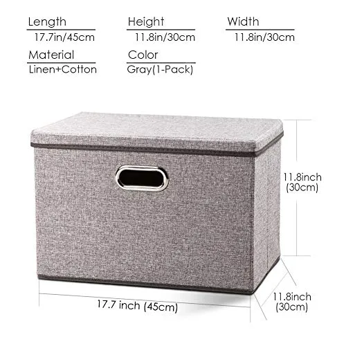 Prandom Large Foldable Storage Bin with Lid [1-Pack] Linen Fabric Decorative Storage Box Organizer Containers Basket Cube with Handles Divider for Bedroom Closet Office Living Room (17.7x11.8x11.8)