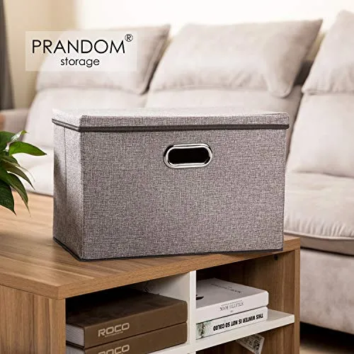 Prandom Large Foldable Storage Bin with Lid [1-Pack] Linen Fabric Decorative Storage Box Organizer Containers Basket Cube with Handles Divider for Bedroom Closet Office Living Room (17.7x11.8x11.8)