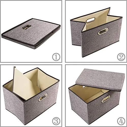 Prandom Large Foldable Storage Bin with Lid [1-Pack] Linen Fabric Decorative Storage Box Organizer Containers Basket Cube with Handles Divider for Bedroom Closet Office Living Room (17.7x11.8x11.8)
