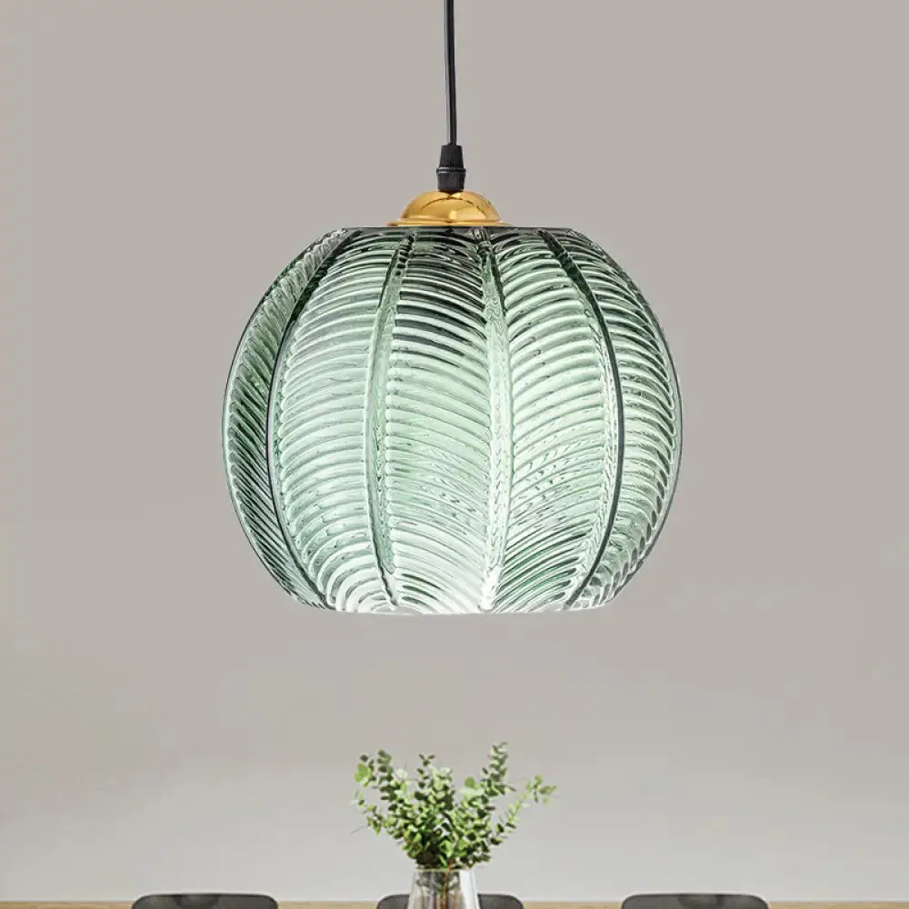 Pumpkin Dinette Pendant Lamp Green Ribbed Glass 1 Head Retro Style Hanging Light Kit