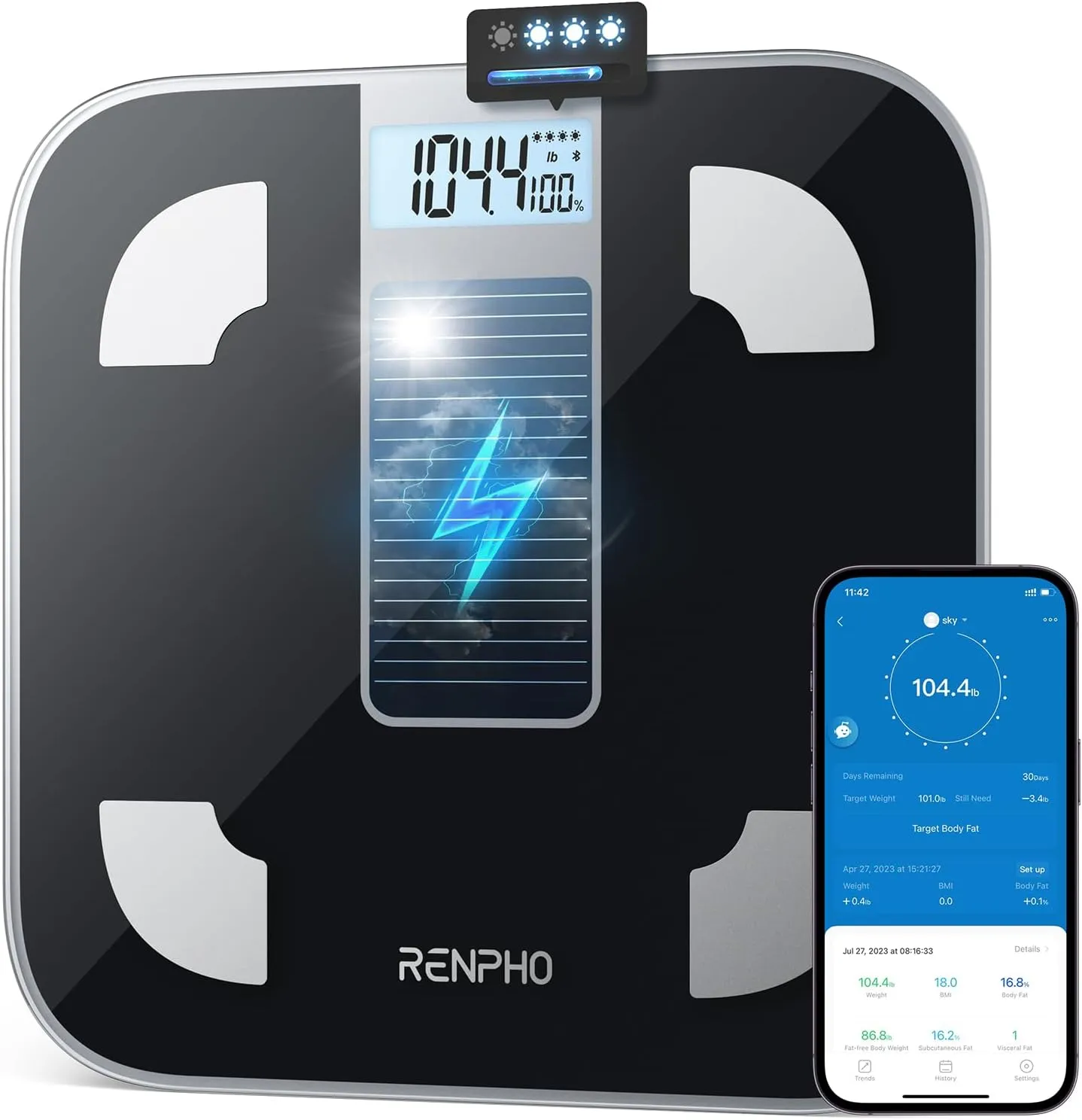 RENPHO Scale for Body Weight, Battery-Free Solar Power Digital Bathroom Smart Scale Bluetooth Body Fat Scale, Body Composition Monitor with App 400lbs - Elis Solar