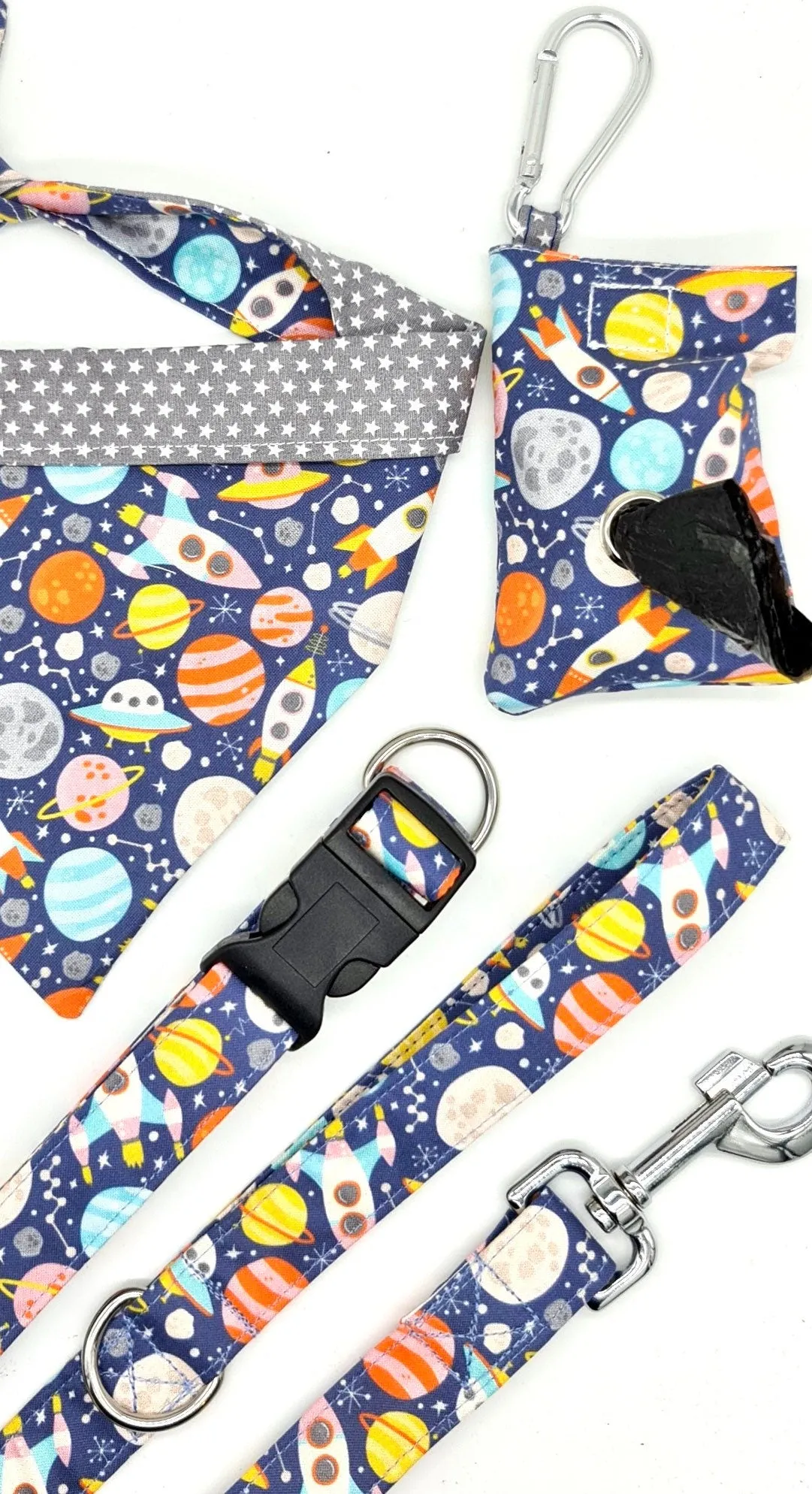 Rockets and planet print handmade dog poo bag dispenser