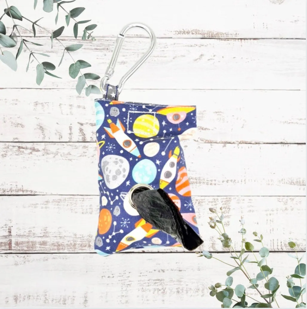 Rockets and planet print handmade dog poo bag dispenser