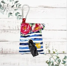 Roses with blue striped print handmade dog poo bag dispenser