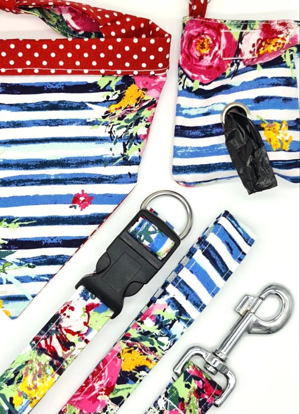 Roses with blue striped print handmade dog poo bag dispenser