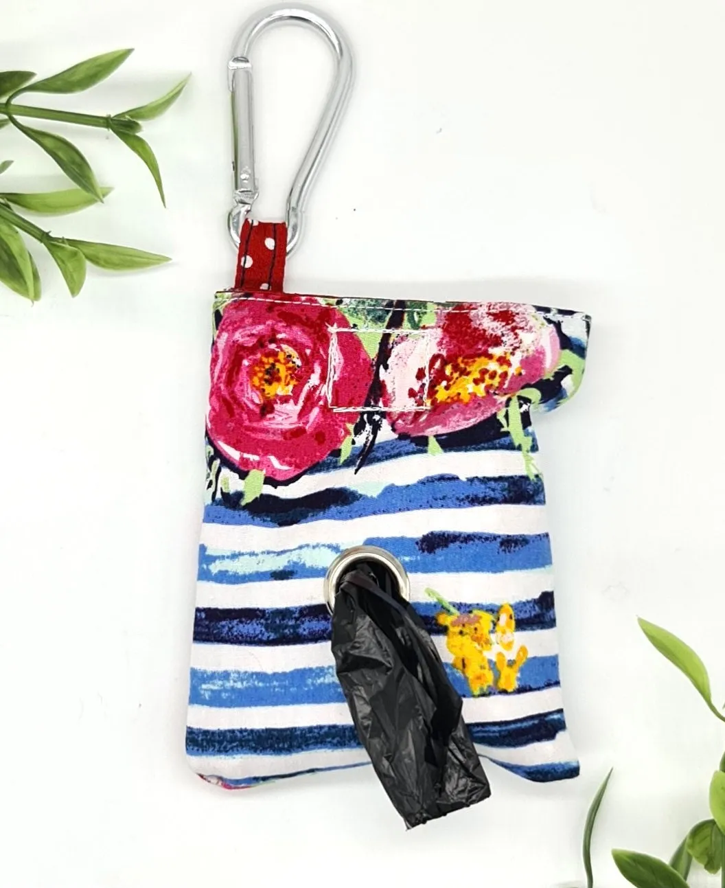Roses with blue striped print handmade dog poo bag dispenser