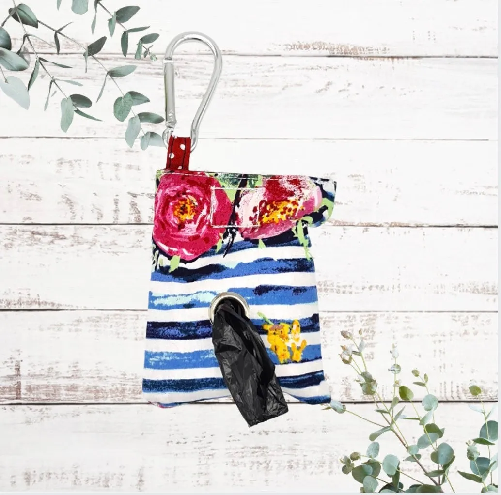 Roses with blue striped print handmade dog poo bag dispenser
