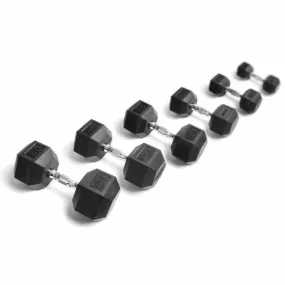 Rubber Hex Dumbbells with Chrome Handles – 5 to 125 lb Sets