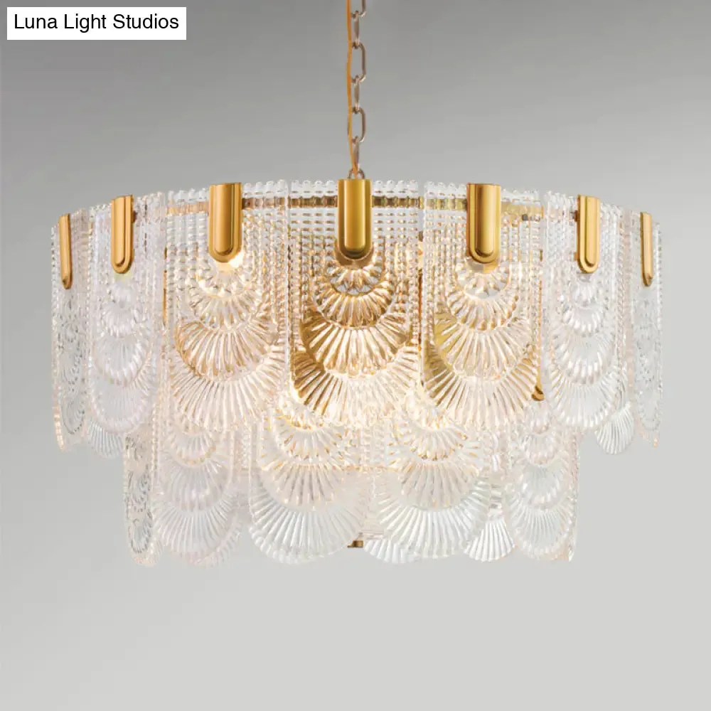 Scalloped Clear Textured Glass Drop Lamp Classic Dining Room Chandelier Light Fixture in Brass