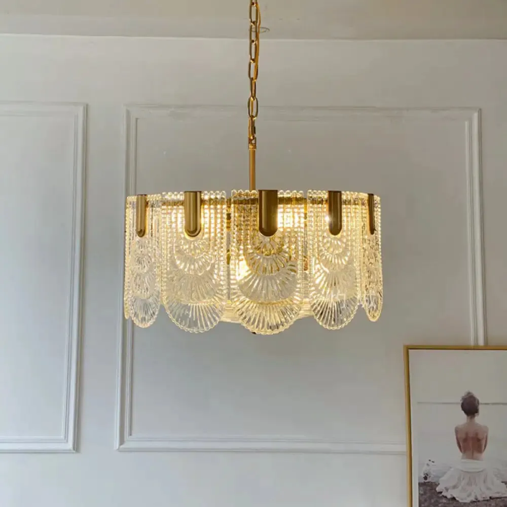 Scalloped Clear Textured Glass Drop Lamp Classic Dining Room Chandelier Light Fixture in Brass
