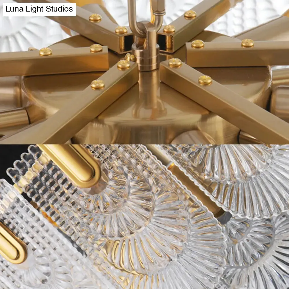 Scalloped Clear Textured Glass Drop Lamp Classic Dining Room Chandelier Light Fixture in Brass