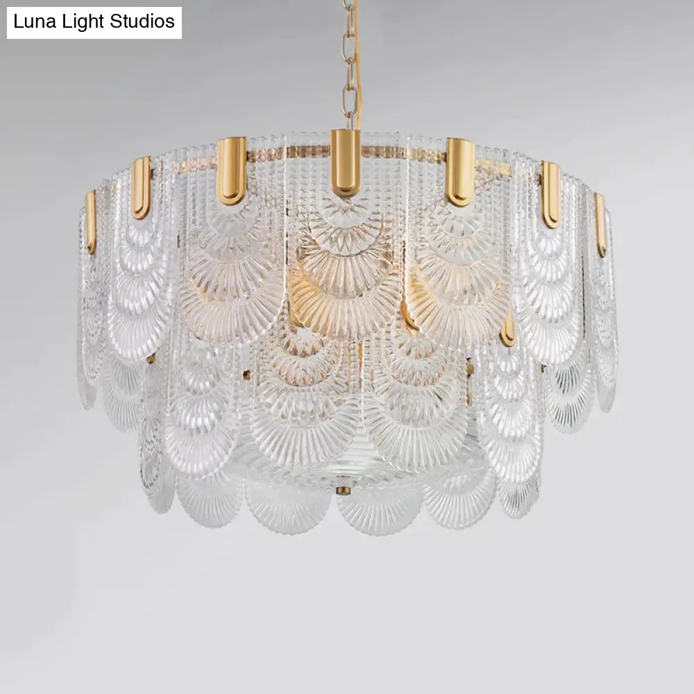 Scalloped Clear Textured Glass Drop Lamp Classic Dining Room Chandelier Light Fixture in Brass