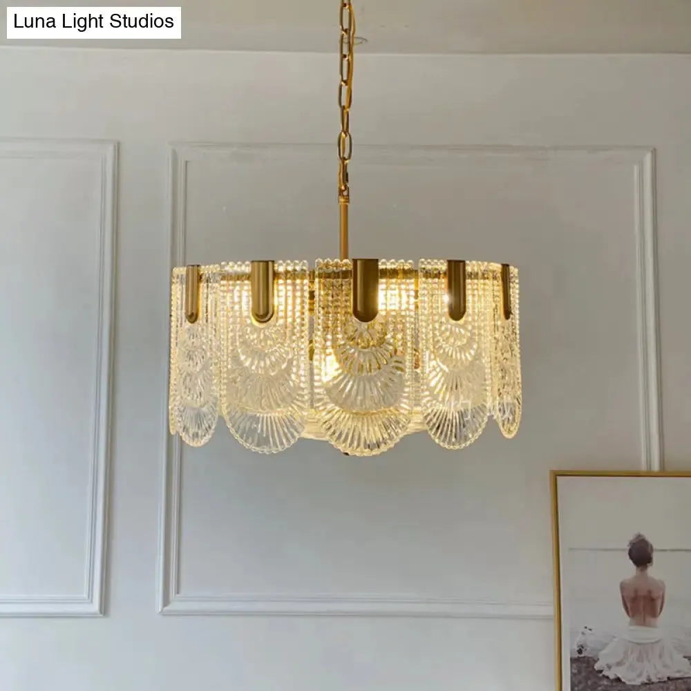 Scalloped Clear Textured Glass Drop Lamp Classic Dining Room Chandelier Light Fixture in Brass