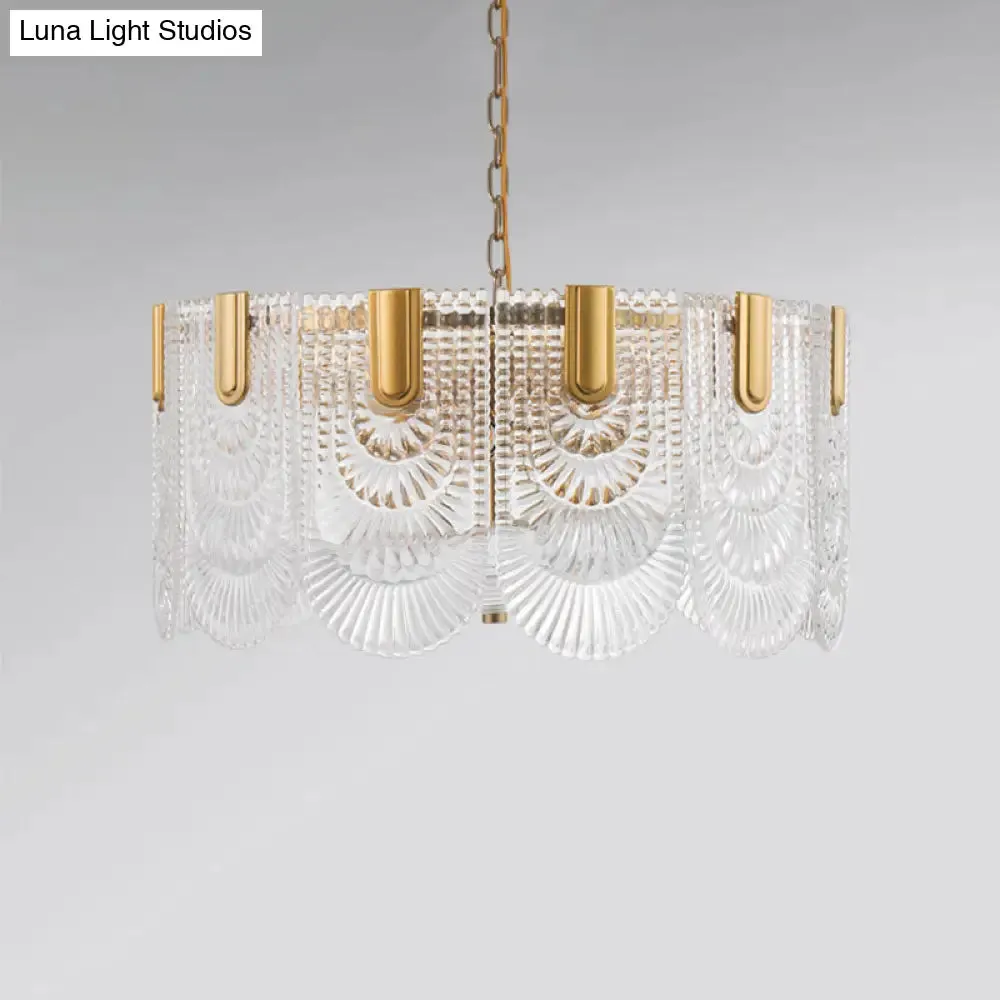 Scalloped Clear Textured Glass Drop Lamp Classic Dining Room Chandelier Light Fixture in Brass