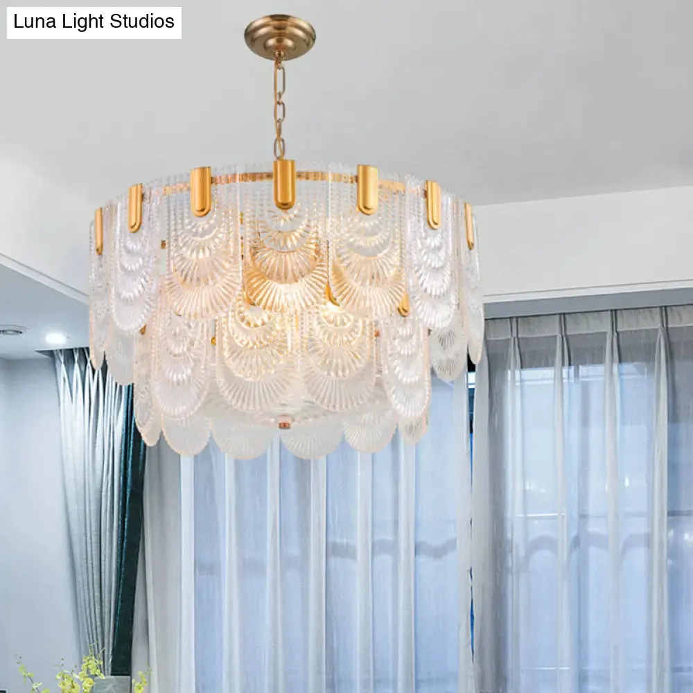 Scalloped Clear Textured Glass Drop Lamp Classic Dining Room Chandelier Light Fixture in Brass