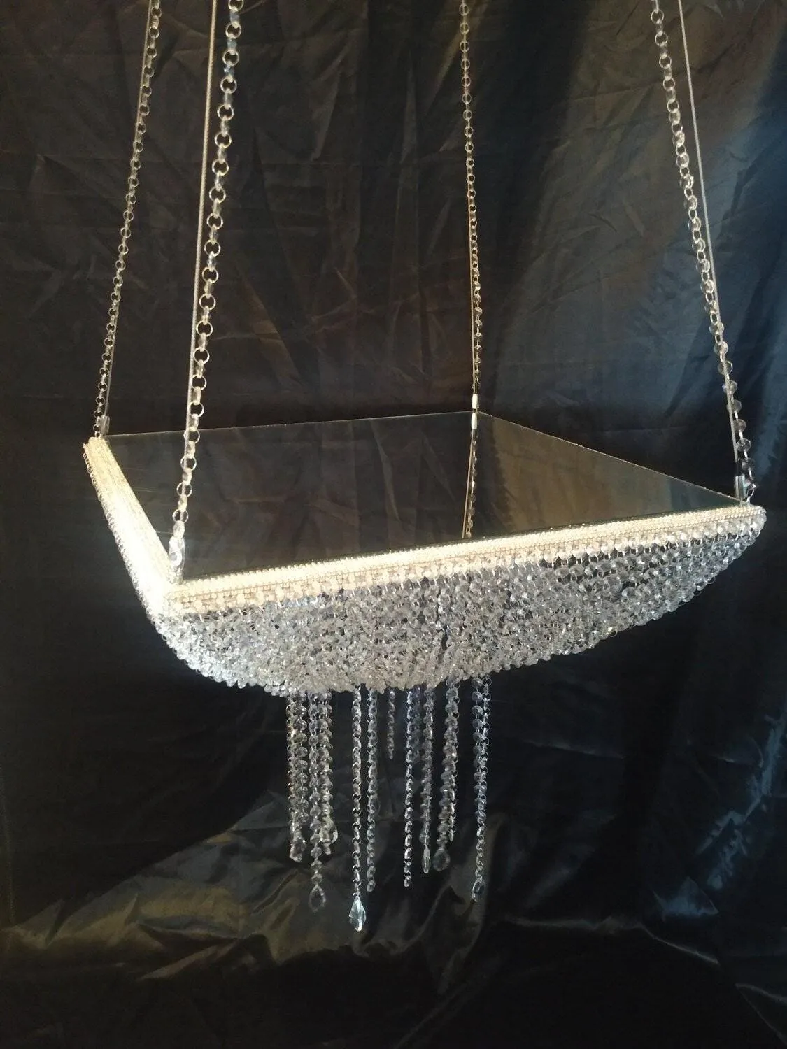 Suspended Swing cake stand, SQUARE, Glass Crystal chandelier, drape stand with mirror top. by Crystal wedding uk