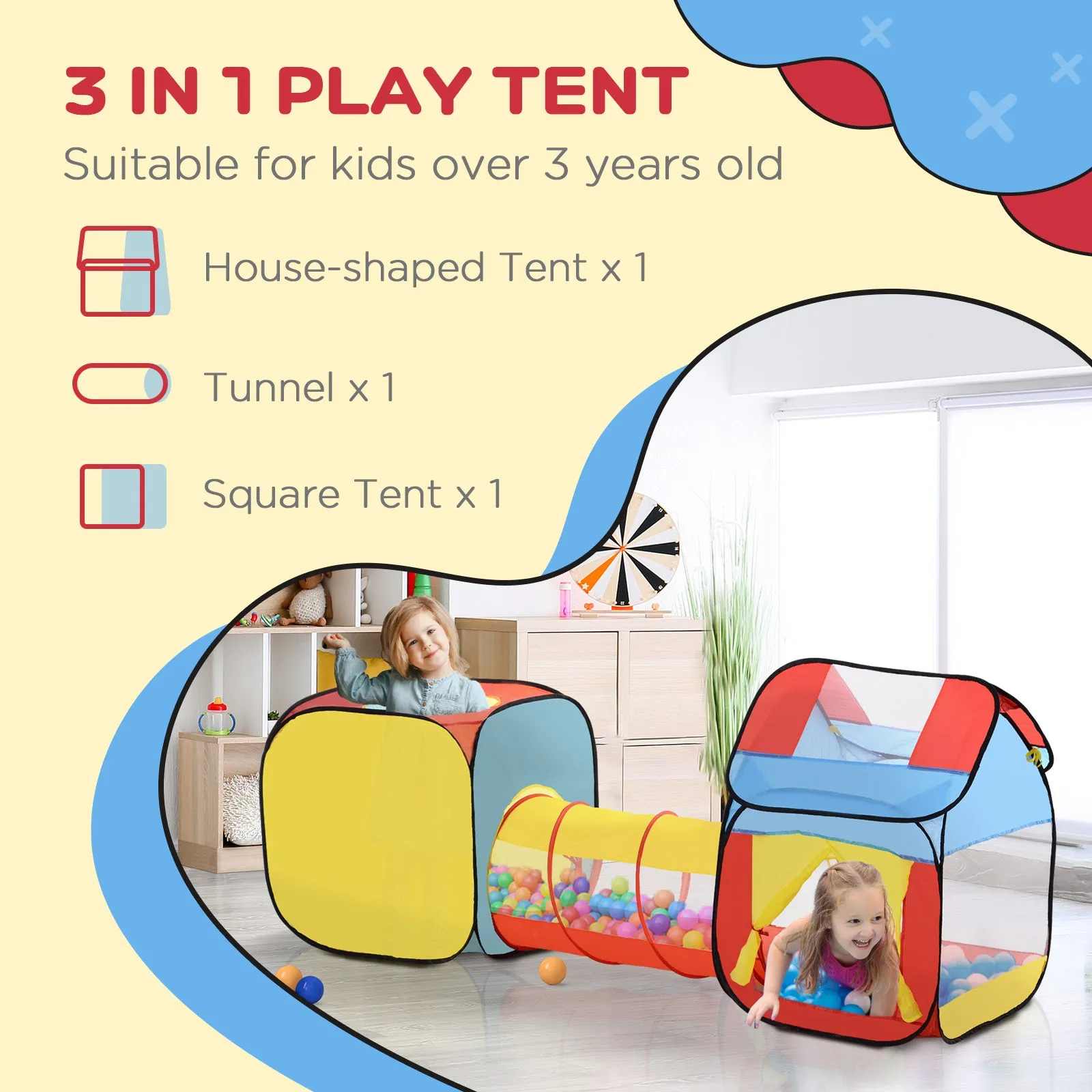 Toddler Polyester 3 in 1 Pop Up House Tent Play Tunnel Multi-Colour