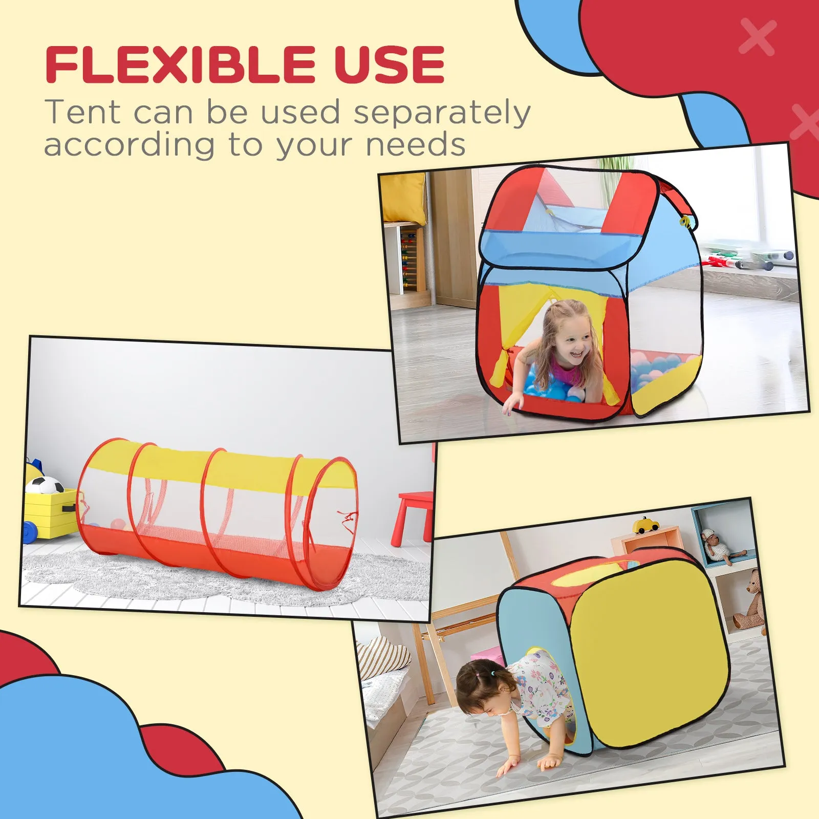 Toddler Polyester 3 in 1 Pop Up House Tent Play Tunnel Multi-Colour
